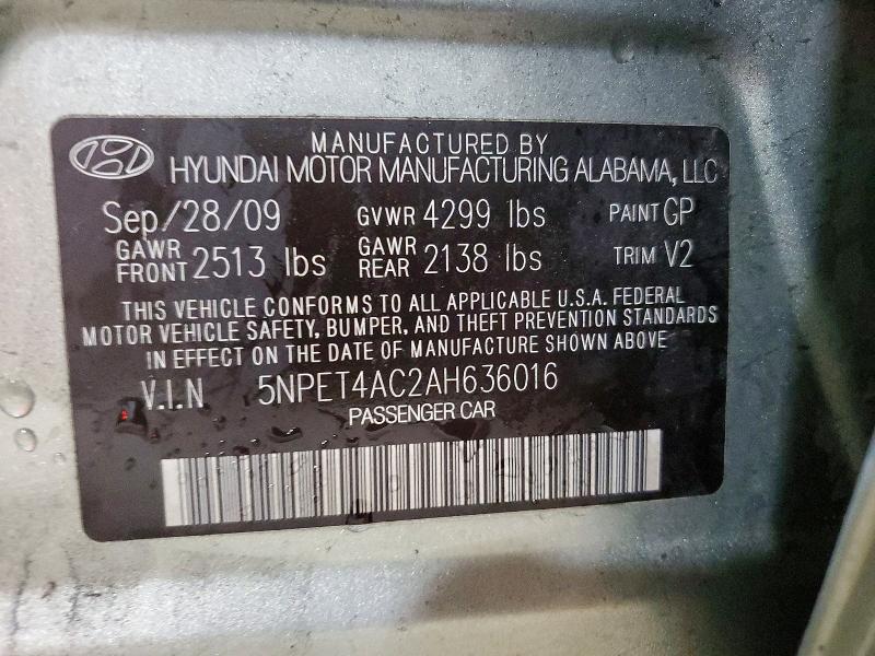 52844636 :رقم المزاد ، 5NPET4AC2AH636016 vin ، 2010 Hyundai Sonata مزاد بيع