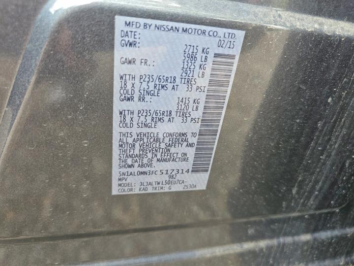 54654986 :رقم المزاد ، 5N1AL0MN3FC517314 vin ، 2015 Infiniti Qx60 مزاد بيع