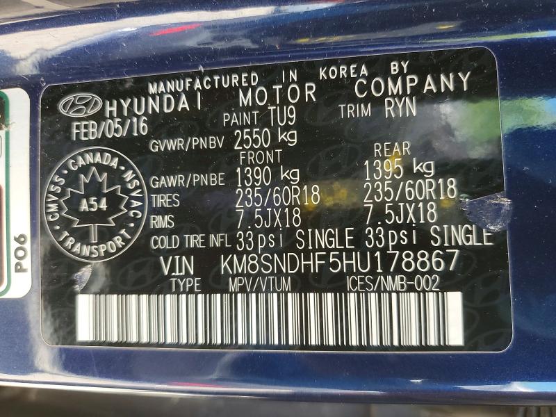 53628626 :رقم المزاد ، KM8SNDHF5HU178867 vin ، 2017 Hyundai Santa Fe مزاد بيع