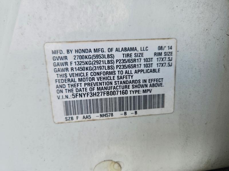 54199436 :رقم المزاد ، 5FNYF3H27FB007160 vin ، 2015 Honda Pilot مزاد بيع