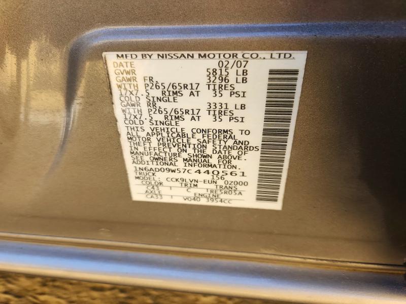 2007 Nissan Frontier მანქანა იყიდება აუქციონზე, vin: 1N6AD09W57C440561, აუქციონის ნომერი: 55173926