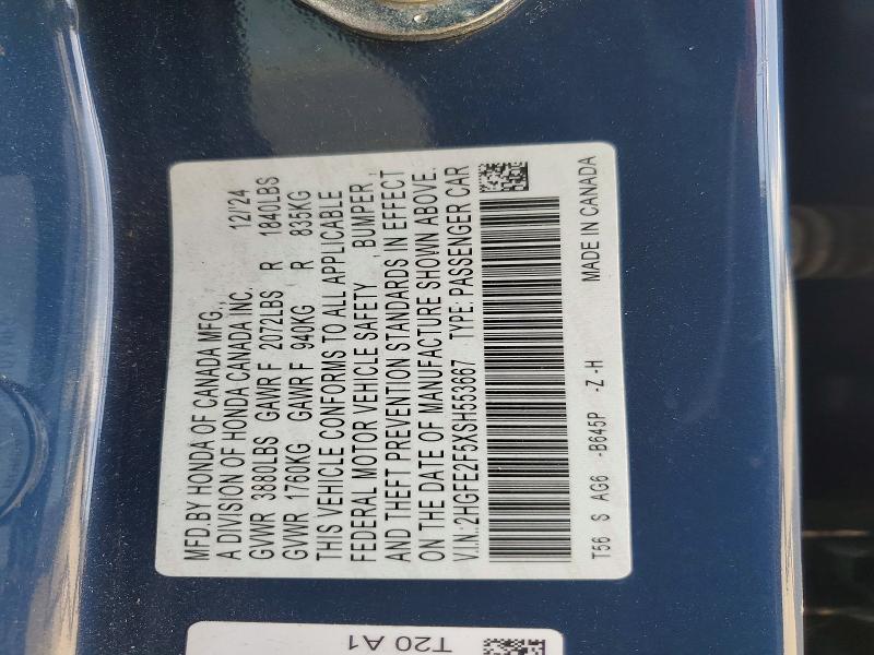 Продаж на аукціоні авто 2025 Honda Civic, vin: 2HGFE2F5XSH553667, номер лоту: 54915846