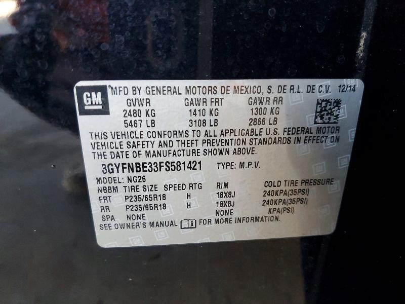 52412116 :رقم المزاد ، 3GYFNBE33FS581421 vin ، 2015 Cadillac Srx مزاد بيع