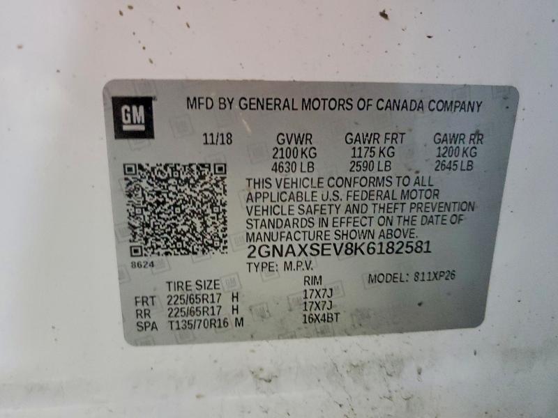 Продажа на аукционе авто 2019 Chevrolet Equinox, vin: 2GNAXSEV8K6182581, номер лота: 53597776