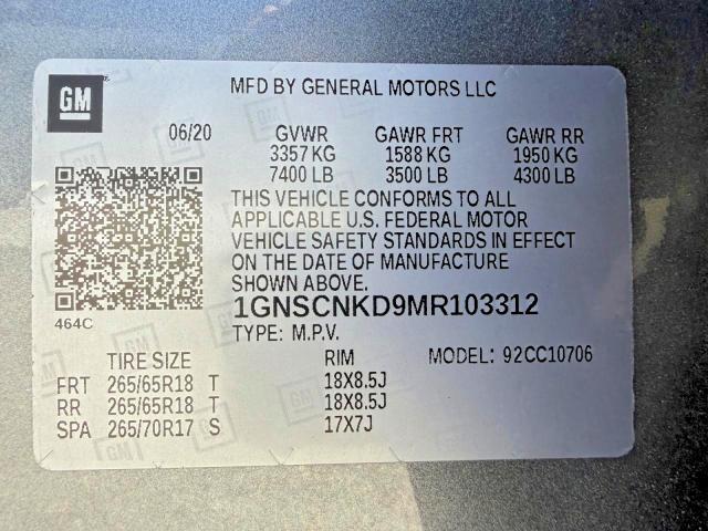 Продаж на аукціоні авто 2021 Chevrolet Tahoe, vin: 1GNSCNKD9MR103312, номер лоту: 54995376