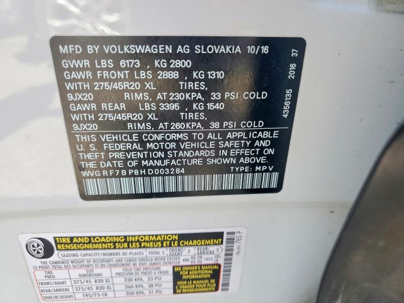 Продаж на аукціоні авто 2017 Volkswagen Touareg, vin: WVGRF7BP8HD003284, номер лоту: 55415286