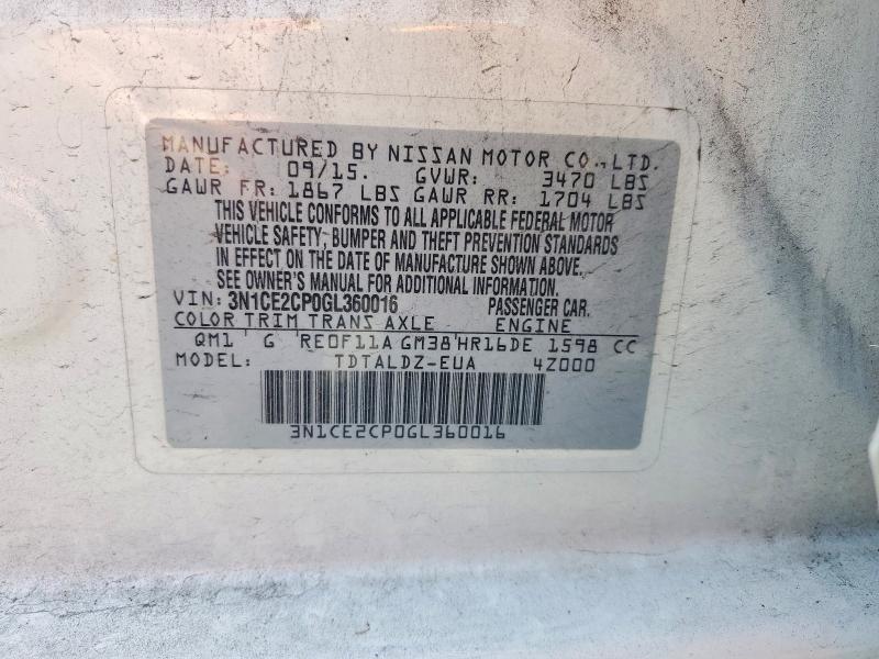 2016 Nissan Versa Note მანქანა იყიდება აუქციონზე, vin: 3N1CE2CP0GL360016, აუქციონის ნომერი: 53279276