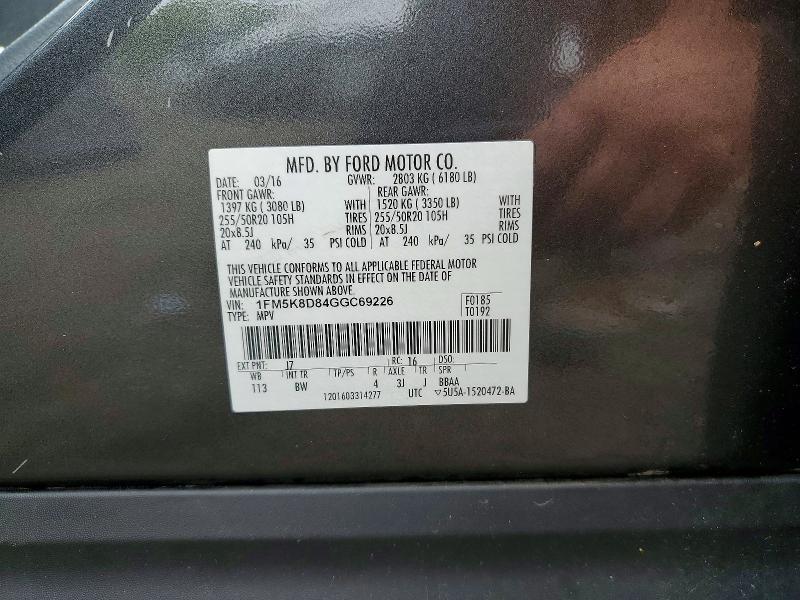 2016 Ford Explorer მანქანა იყიდება აუქციონზე, vin: 1FM5K8D84GGC69226, აუქციონის ნომერი: 52296706
