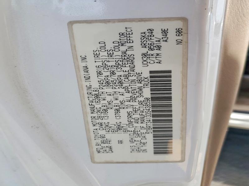 52507036 :رقم المزاد ، 5TBRT34133S438590 vin ، 2003 Toyota Tundra مزاد بيع