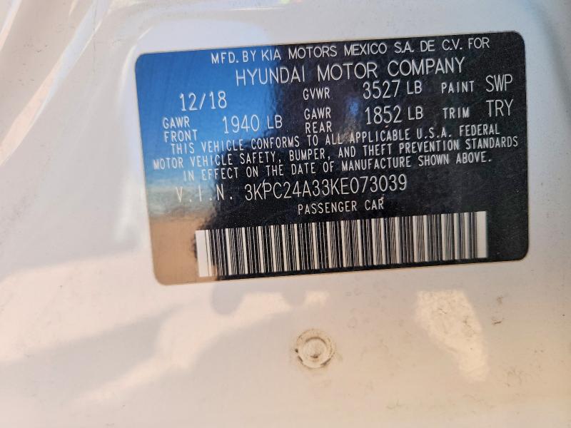 2019 Hyundai Accent მანქანა იყიდება აუქციონზე, vin: 3KPC24A33KE073039, აუქციონის ნომერი: 54330436
