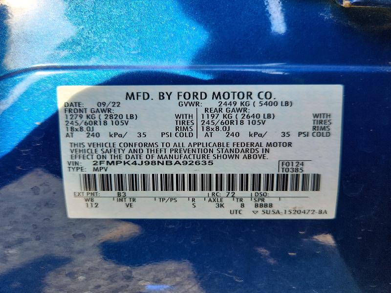 Продаж на аукціоні авто 2022 Ford Edge, vin: 2FMPK4J98NBA92635, номер лоту: 52223096