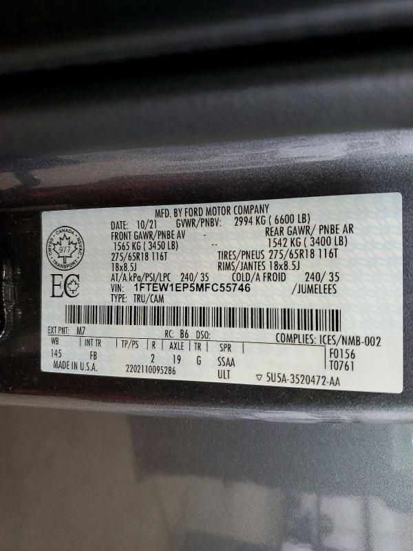 Aukcja sprzedaży 2021 Ford F150, vin: 1FTEW1EP5MFC55746, numer aukcji: 52500046