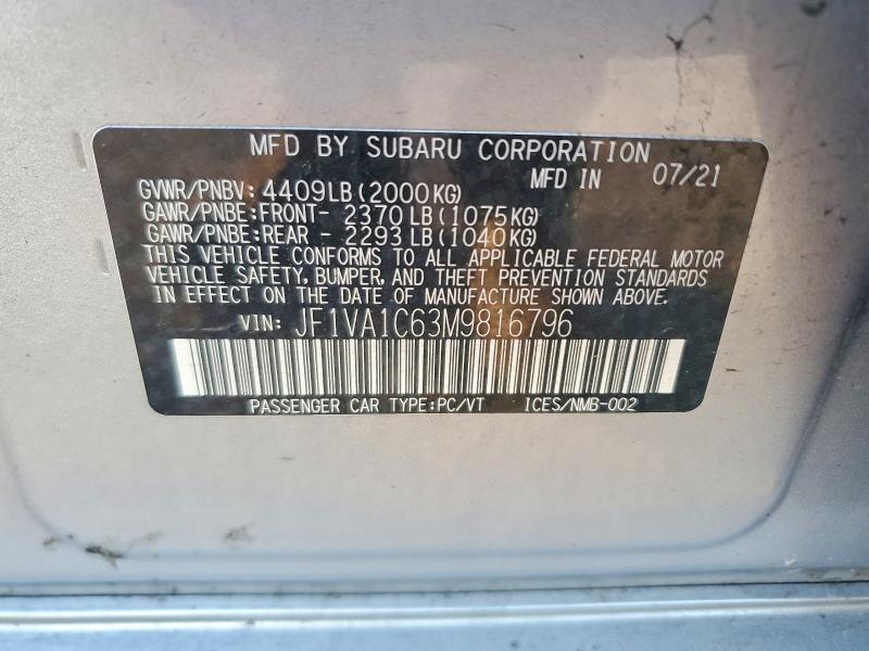 2021 Subaru Wrx მანქანა იყიდება აუქციონზე, vin: JF1VA1C63M9816796, აუქციონის ნომერი: 53611566