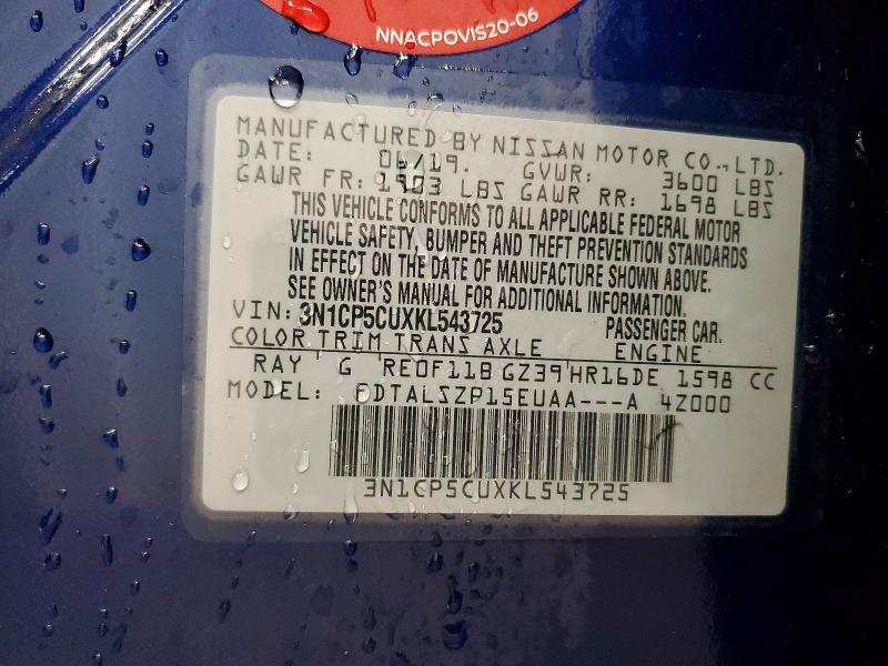 2019 Nissan Kicks მანქანა იყიდება აუქციონზე, vin: 3N1CP5CUXKL543725, აუქციონის ნომერი: 52049946