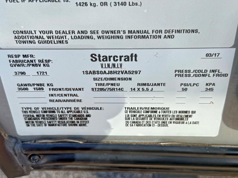 55216146 :رقم المزاد ، 1SABS0AJ8H2VA5297 vin ، 2017 Starcraft Satellite 17 Rb مزاد بيع