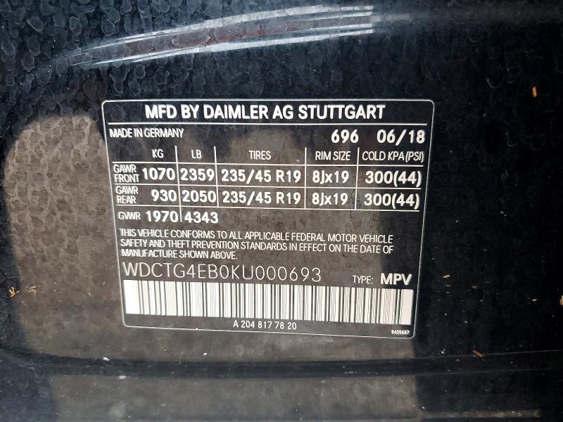 Продаж на аукціоні авто 2019 Mercedes-benz Gla, vin: WDCTG4EB0KU000693, номер лоту: 55050446