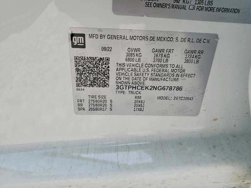 52725146 :رقم المزاد ، 3GTPHCEK2NG678786 vin ، 2022 Gmc Sierra مزاد بيع