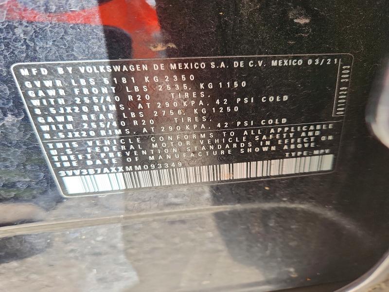Aukcja sprzedaży 2021 Volkswagen Tiguan, vin: 3VV3B7AXXMM093349, numer aukcji: 52245546