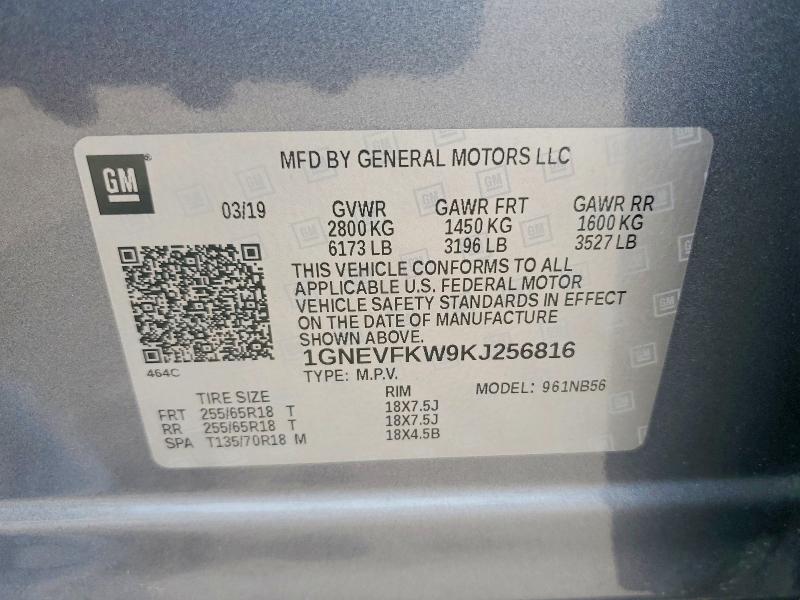 54690136 :رقم المزاد ، 1GNEVFKW9KJ256816 vin ، 2019 Chevrolet Traverse مزاد بيع