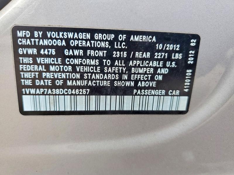Продажа на аукционе авто 2013 Volkswagen Passat, vin: 1VWAP7A38DC046257, номер лота: 54905606