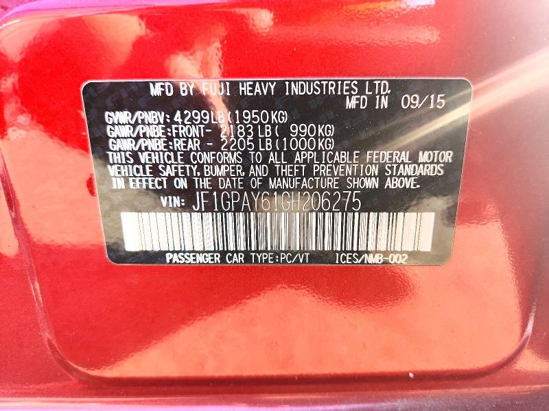 Aukcja sprzedaży 2016 Subaru Impreza, vin: JF1GPAY61GH206275, numer aukcji: 52170606