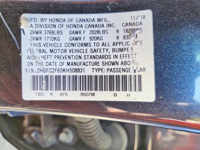 52924736 :رقم المزاد ، 2HGFC2F65KH508831 vin ، 2019 Honda Civic مزاد بيع