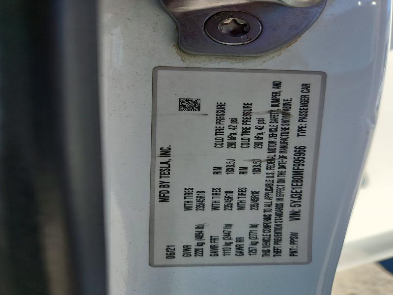54822766 :رقم المزاد ، 5YJ3E1EB0MF995966 vin ، 2021 Tesla Model 3 مزاد بيع