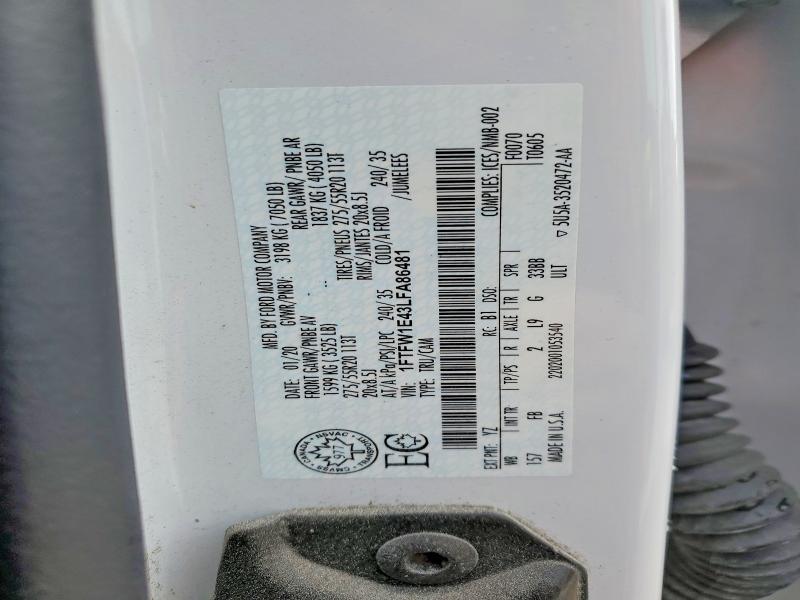 Aukcja sprzedaży 2020 Ford F150, vin: 1FTFW1E43LFA86481, numer aukcji: 53158646