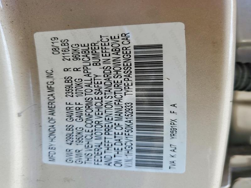 52374536 :رقم المزاد ، 1HGCV1F50KA152933 vin ، 2019 Honda Accord مزاد بيع