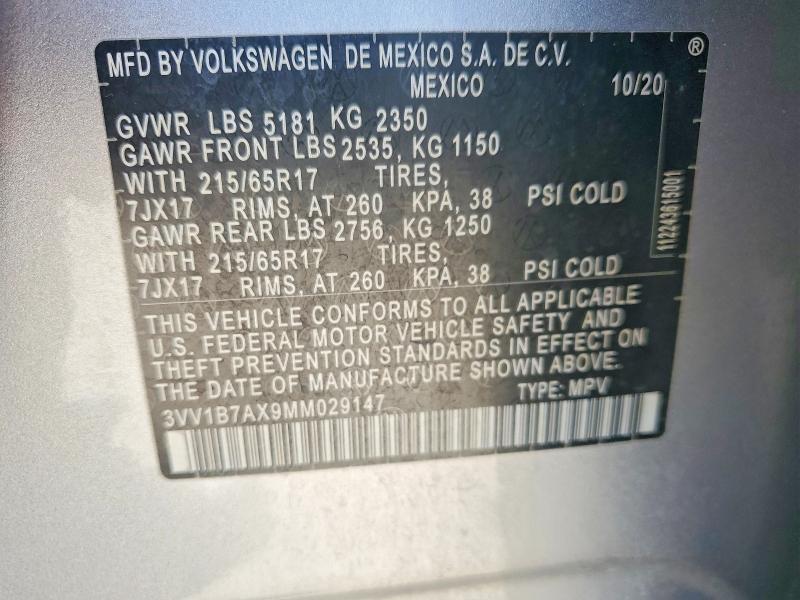 Aukcja sprzedaży 2021 Volkswagen Tiguan, vin: 3VV1B7AX9MM029147, numer aukcji: 53252786