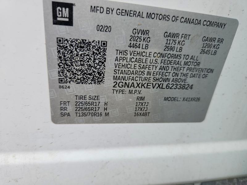 54671406 :رقم المزاد ، 2GNAXKEVXL6233824 vin ، 2020 Chevrolet Equinox مزاد بيع