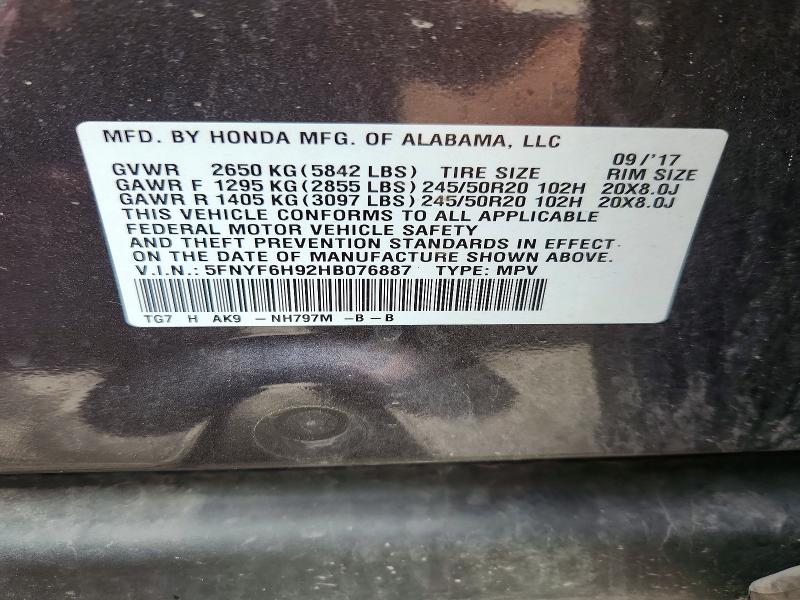 Продаж на аукціоні авто 2017 Honda Pilot, vin: 5FNYF6H92HB076887, номер лоту: 52307386