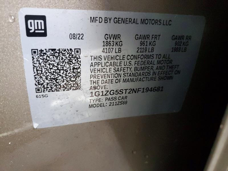 Aukcja sprzedaży 2022 Chevrolet Malibu, vin: 1G1ZG5ST2NF194681, numer aukcji: 54486546