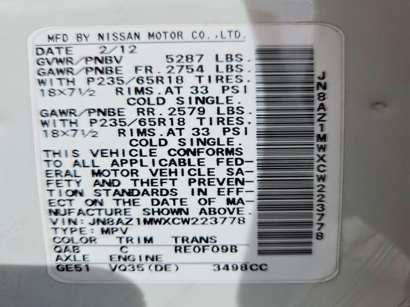 54813956 :رقم المزاد ، JN8AZ1MWXCW223778 vin ، 2012 Nissan Murano مزاد بيع