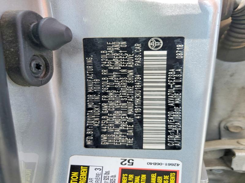 2019 Toyota Camry მანქანა იყიდება აუქციონზე, vin: 4T1B11HK3KU184794, აუქციონის ნომერი: 55366326