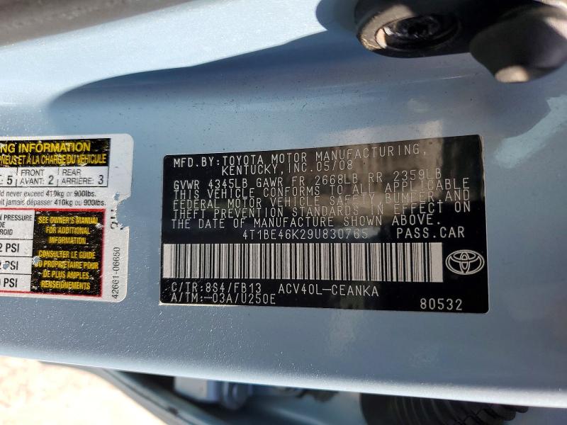 2009 Toyota Camry მანქანა იყიდება აუქციონზე, vin: 4T1BE46K29U830765, აუქციონის ნომერი: 52867186