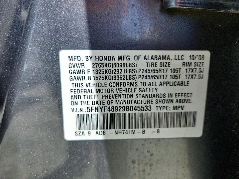 54788746 :رقم المزاد ، 5FNYF48929B045533 vin ، 2009 Honda Pilot مزاد بيع