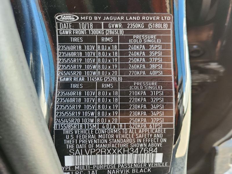 2019 Land Rover Range Rover Evoque მანქანა იყიდება აუქციონზე, vin: SALVP2RXXKH347684, აუქციონის ნომერი: 51680686