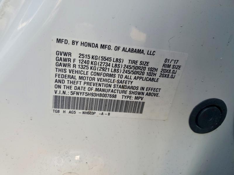 Продаж на аукціоні авто 2017 Honda Pilot, vin: 5FNYF5H93HB007698, номер лоту: 54400936