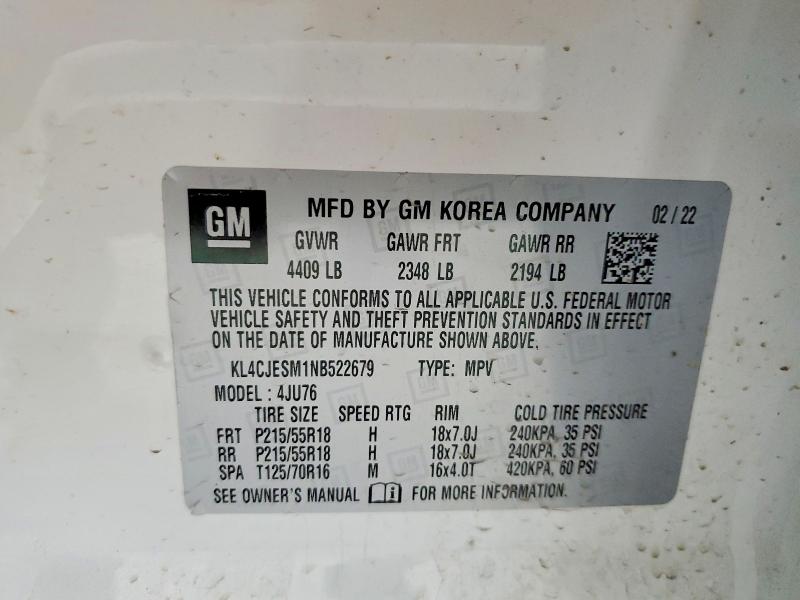 51978446 :رقم المزاد ، KL4CJESM1NB522679 vin ، 2022 Buick Encore مزاد بيع