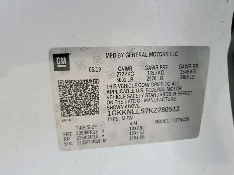 54801466 :رقم المزاد ، 1GKKNLLS7KZ280513 vin ، 2019 Gmc Acadia مزاد بيع