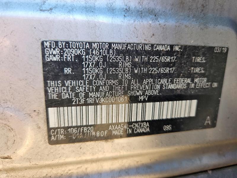 53376916 :رقم المزاد ، 2T3F1RFV3KC001061 vin ، 2019 Toyota Rav4 مزاد بيع