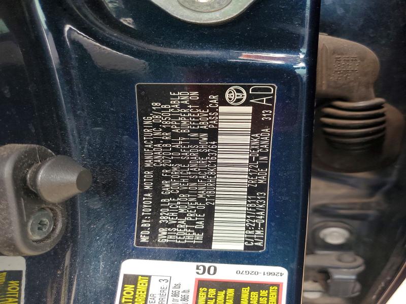 2019 Toyota Corolla მანქანა იყიდება აუქციონზე, vin: 2T1BURHE8KC163764, აუქციონის ნომერი: 54054586