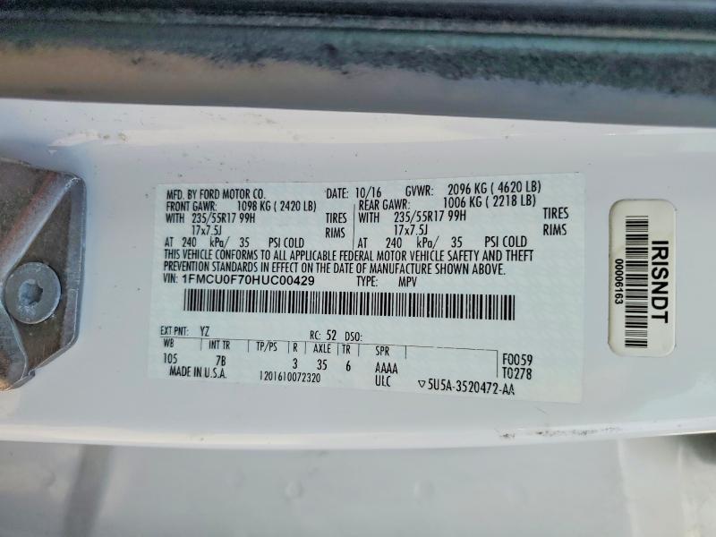 53840066 :رقم المزاد ، 1FMCU0F70HUC00429 vin ، 2017 Ford Escape مزاد بيع