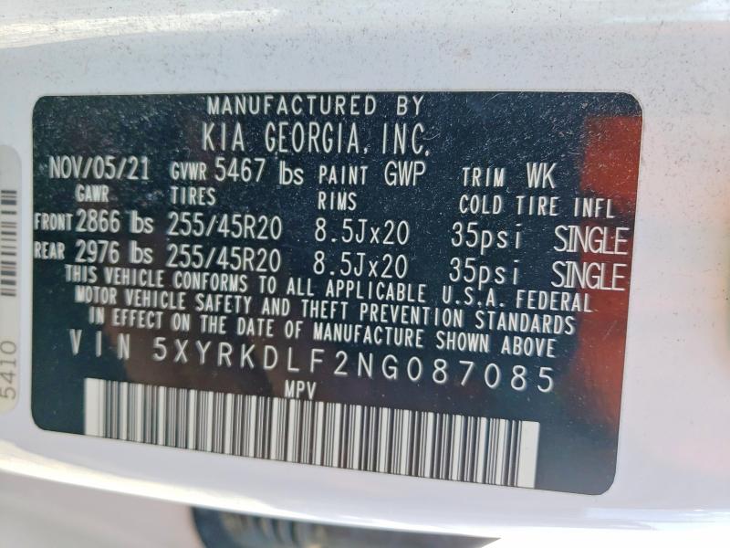 2022 Kia Sorento მანქანა იყიდება აუქციონზე, vin: 5XYRKDLF2NG087085, აუქციონის ნომერი: 53255926
