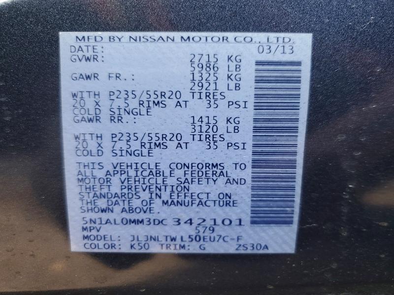 54945576 :رقم المزاد ، 5N1AL0MM3DC342101 vin ، 2013 Infiniti Jx35 مزاد بيع