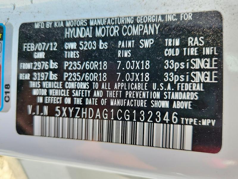 53784156 :رقم المزاد ، 5XYZHDAG1CG132346 vin ، 2012 Hyundai Santa Fe مزاد بيع