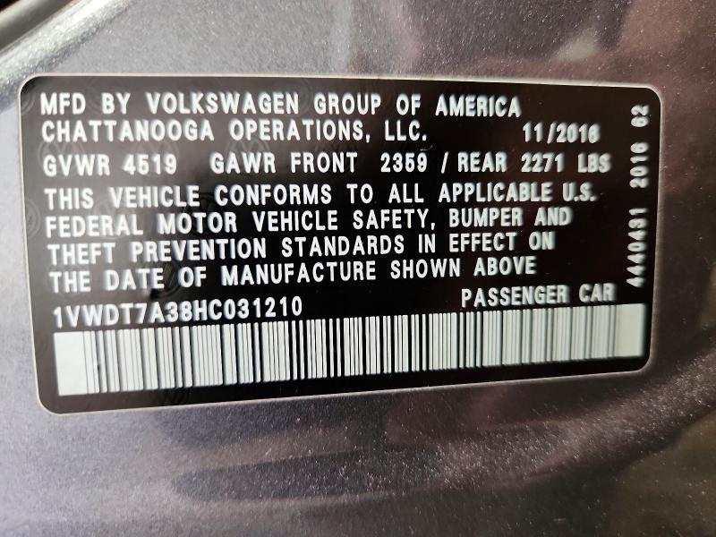 Продажа на аукционе авто 2017 Volkswagen Passat, vin: 1VWDT7A38HC031210, номер лота: 54527826