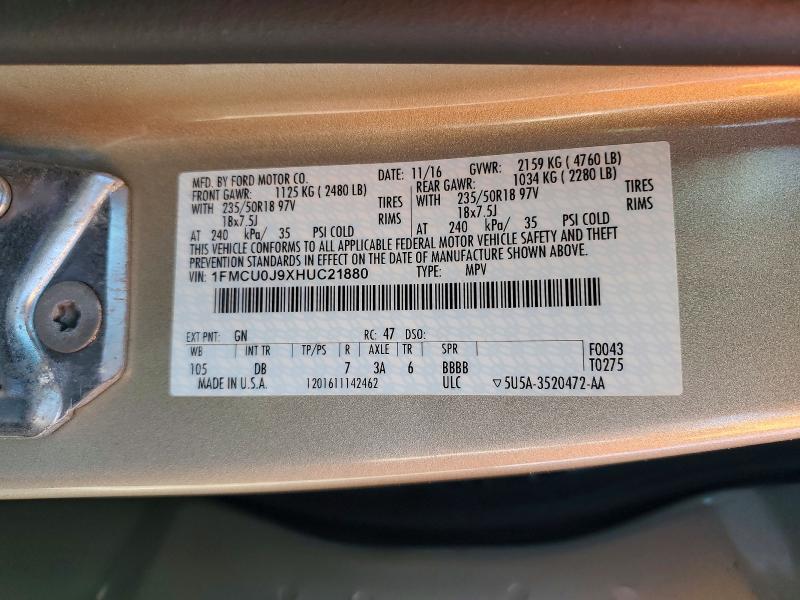 53409846 :رقم المزاد ، 1FMCU0J9XHUC21880 vin ، 2017 Ford Escape مزاد بيع