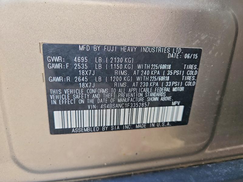 2015 Subaru Outback მანქანა იყიდება აუქციონზე, vin: 4S4BSANC1F3352857, აუქციონის ნომერი: 52214886